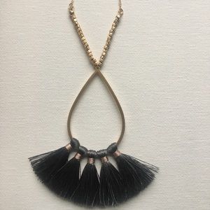 Gold Teardrop Necklace with Fabric Fan Tassel-Gray